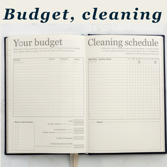The open planner showing layouts from writing a budget and a cleaning schedule