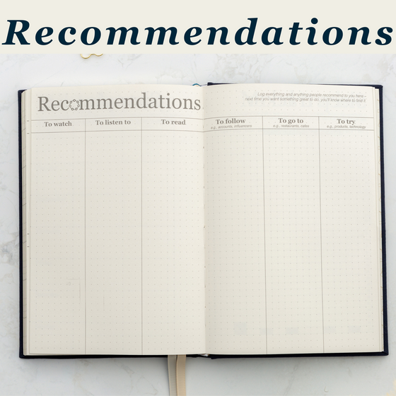 The Recommendations layout from the 2024 Planner shown open with six columns for writing recommendations of what to watch, to listen to, to read, to follow, to go to, and to try