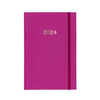 A beautiful fuchsia linen planner with 2024 on the cover and a matching fuchsia elastic closure