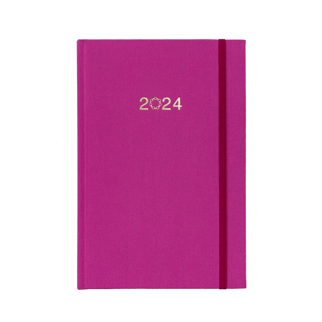  A beautiful fuchsia linen planner with 2024 on the cover and a matching fuchsia elastic closure