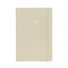 A beautiful beige linen planner with 2024 on the cover and a matching beige elastic closure