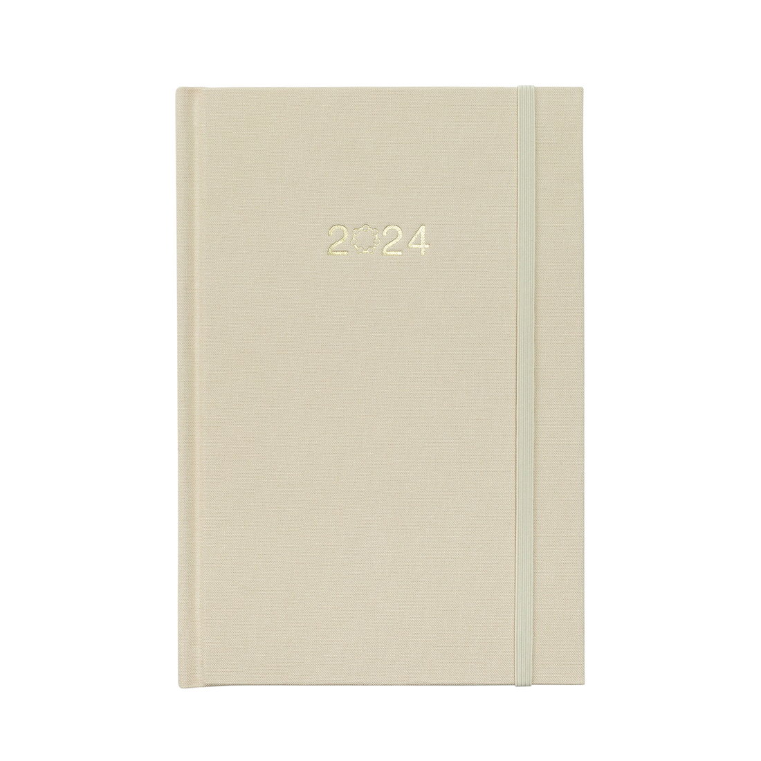  A beautiful beige linen planner with 2024 on the cover and a matching beige elastic closure