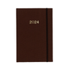 A beautiful brown linen planner with 2024 on the cover and a matching brown elastic closure